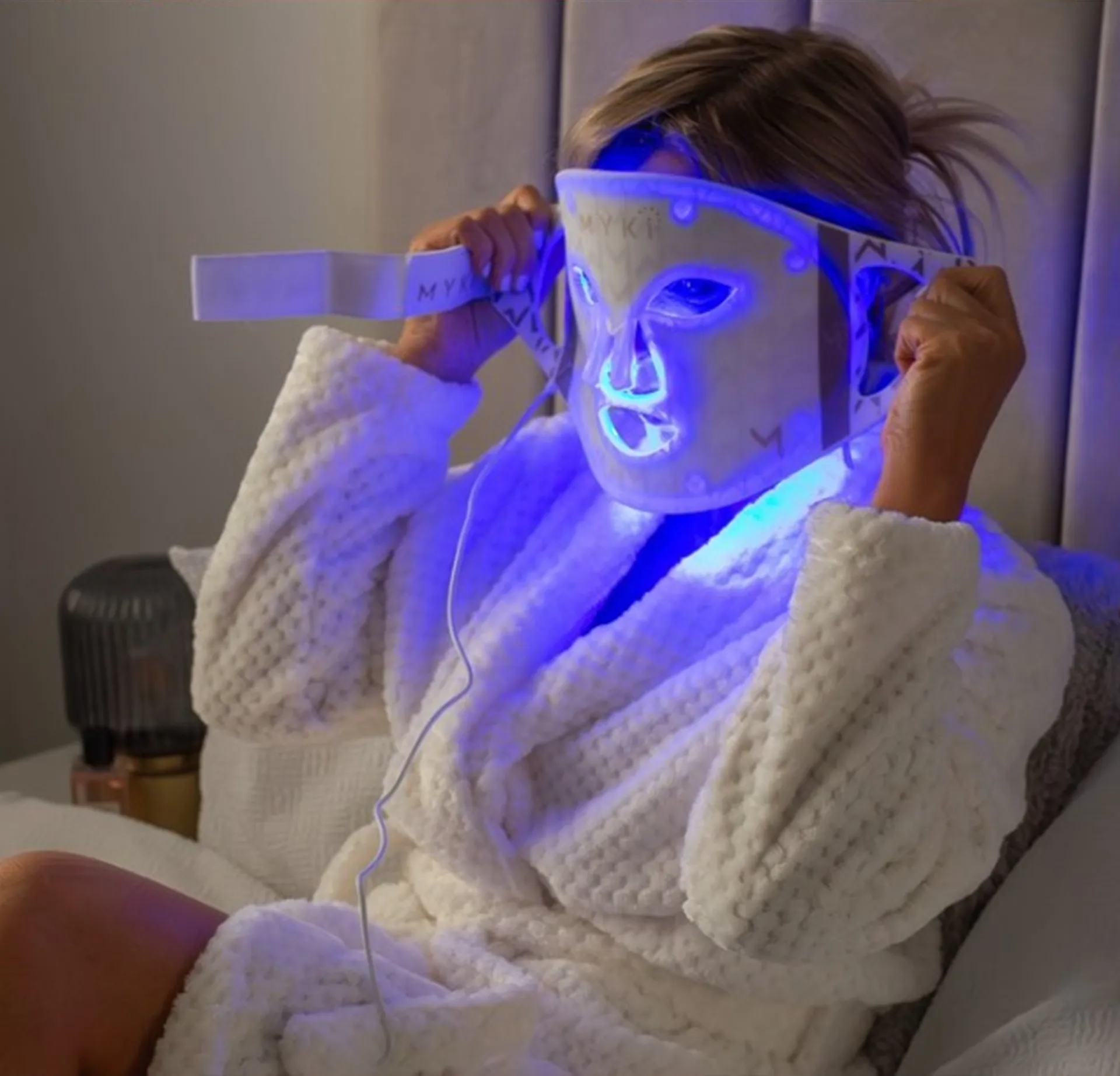 skincare at night with Blue LED light face mask for acne treatment